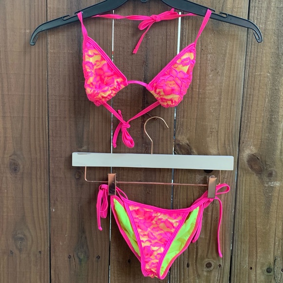 Hot Sauce Style pink yellow neon lace cinched bikini 2 piece set beach p… - Picture 1 of 12